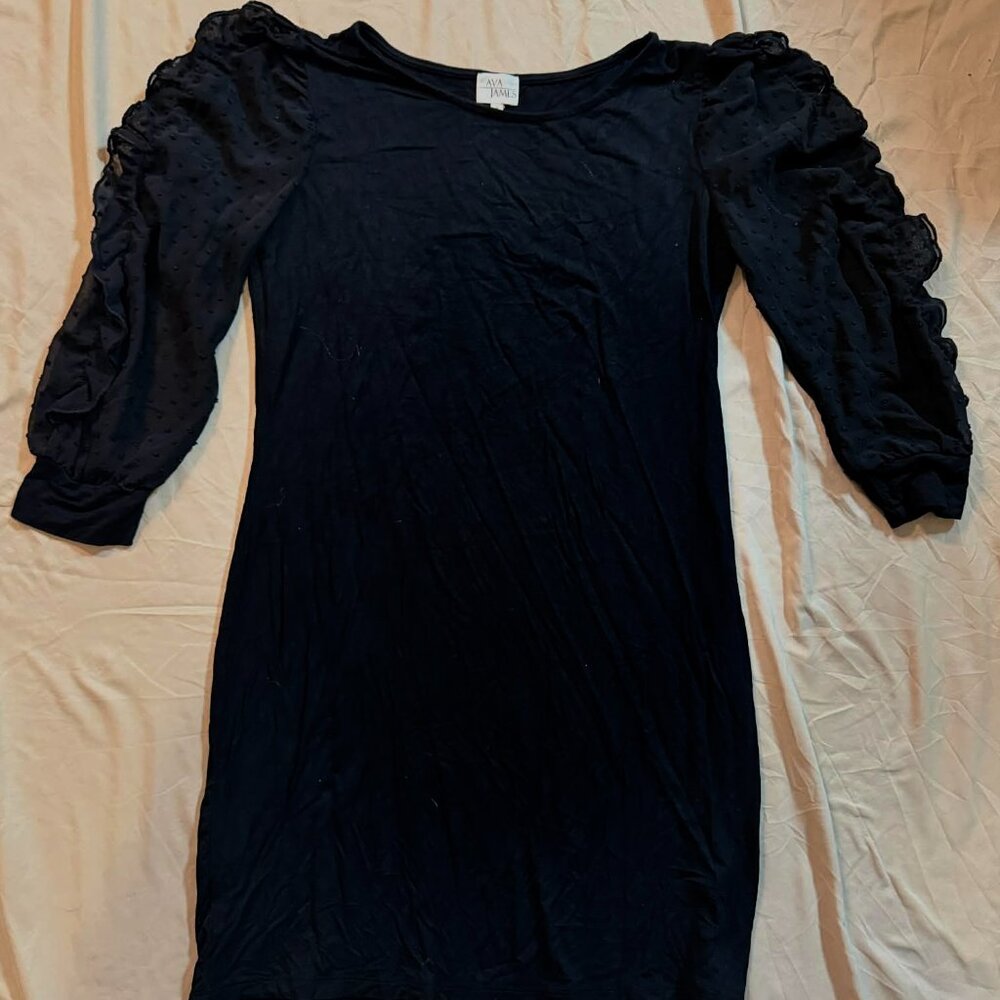 Ava James Black 3/4 Puff Sleeves Silky Soft Black Dress SIZE SMALL